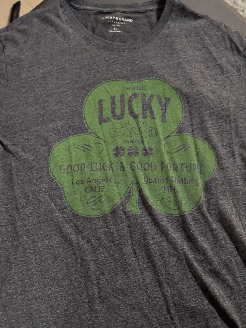Lucky Brand Dark Gray Tee with Green Shamrock Graphic